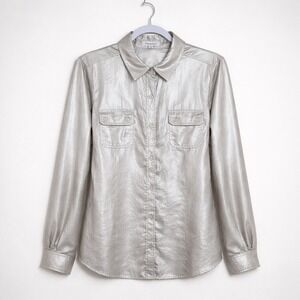 Calvin Klein Metallic Silver Button Down Shirt M Y2K Disco Futuristic Cyber Chic